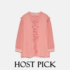 NWT Zara pink pleated sleeve self-tie detail ruffled sheer blouse, S